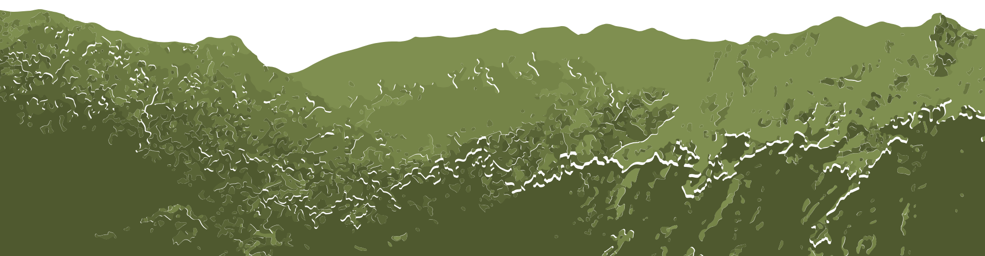 Wide green landscape with rolling, rocky hills and textured terrain across the scene